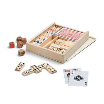 Set iger 4 v 1 v leseni škatli - domino, kocke, karte in mikado 98001