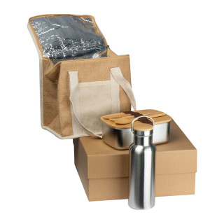 Gift set with drinking bottle, lunch box and jute